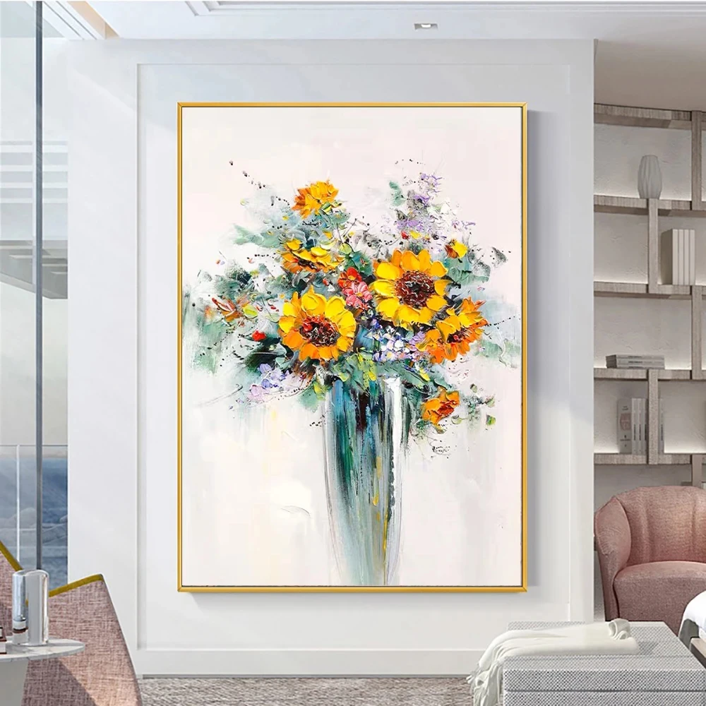 

Modern Hand Drawn Sunflower Thick Texture Painting Poster Wall Art Canvas Prints Abstract Flower Home Living Room Decor Pictures