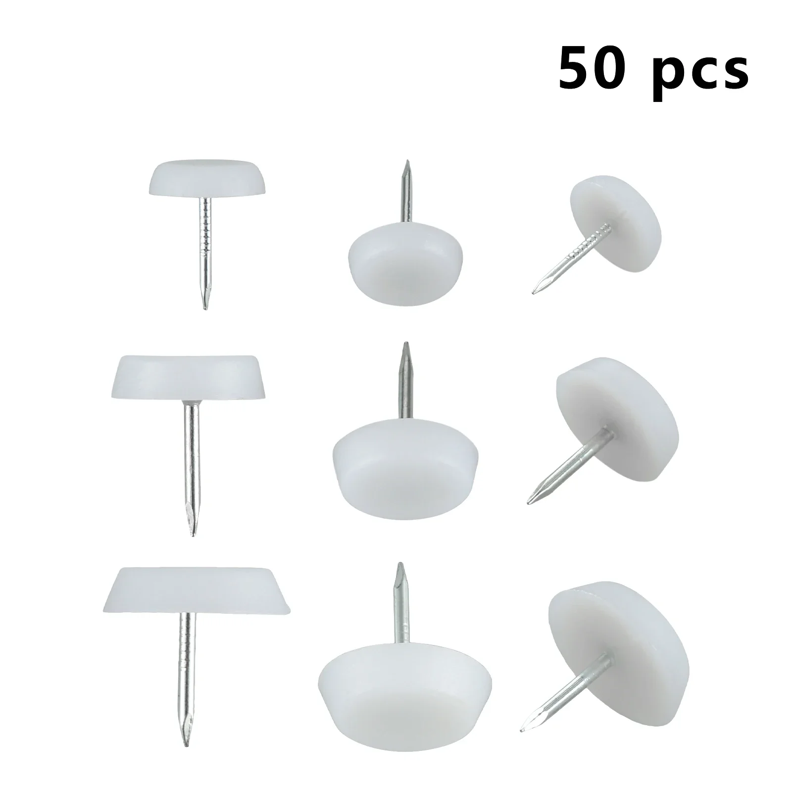 50pcs Furniture Feet Nails Stick-on Glide Skid Pad Screw-in 14/18/20mm Lat-Bottom Round Chair Table Leg Protector White Plastic