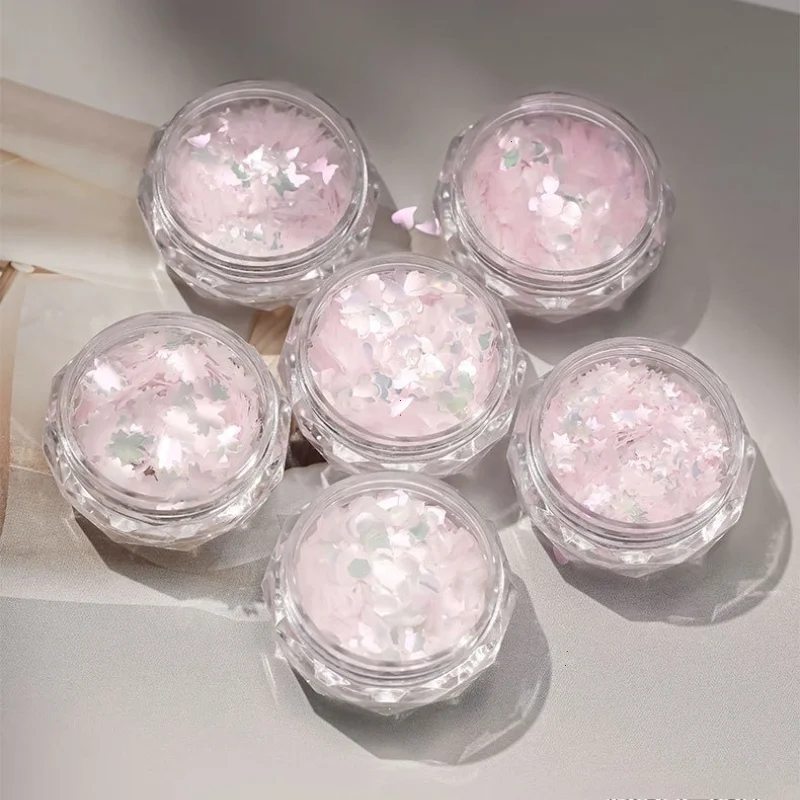 1/6pcs 핑크 벚꽃 글리터 네일 아트, 하트 글리터 네일 아트 꽃과 나비 글리터 장식 DIY 네일 액세서리
