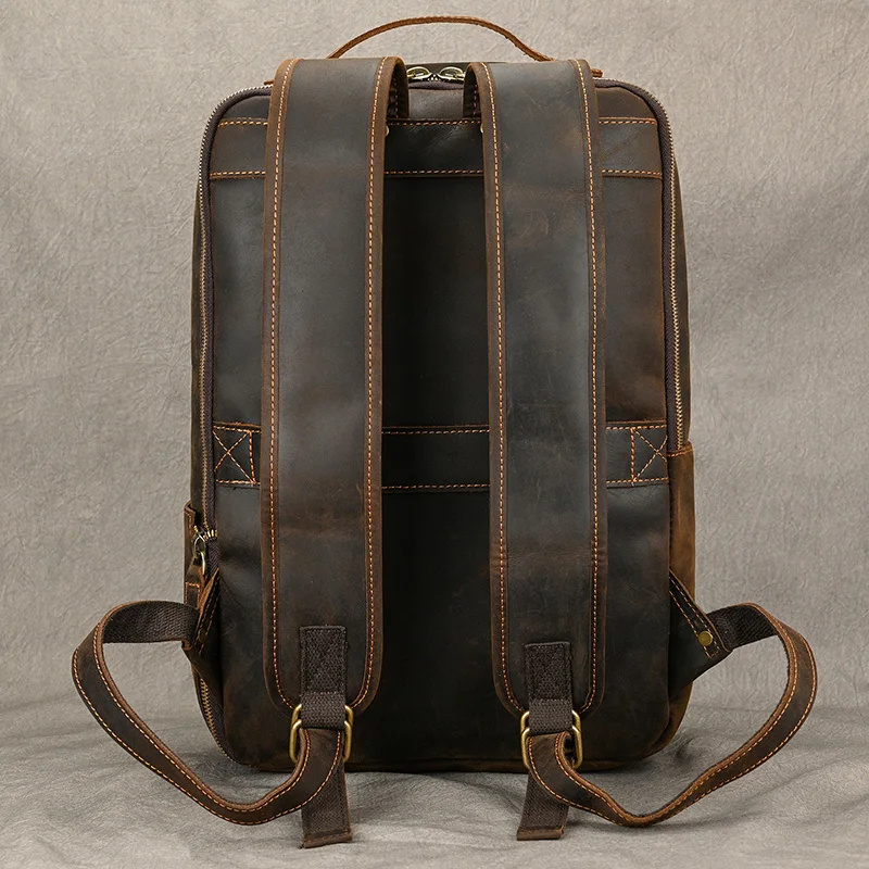 Vintage Travel Backpack leather double zipper bagpack male crazy horse leather backpack handmade leather travel bag men bag 6