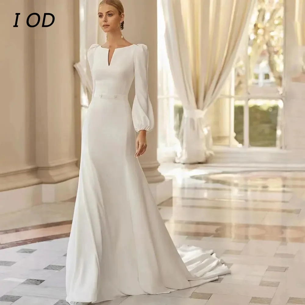 

I OD Elegant A-Line Wedding Dress Simple V-Neck Puff Long Sleeves Backless Floor Length Bridal Gown Button Vestidos De Novia New