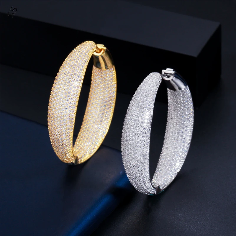 

Super Bling Shiny Copper Mirco-inlaid Gems Zircon Earring Hoop for Women Fashion Silver/Gold Metal Ear-circle Jewelry Accessory