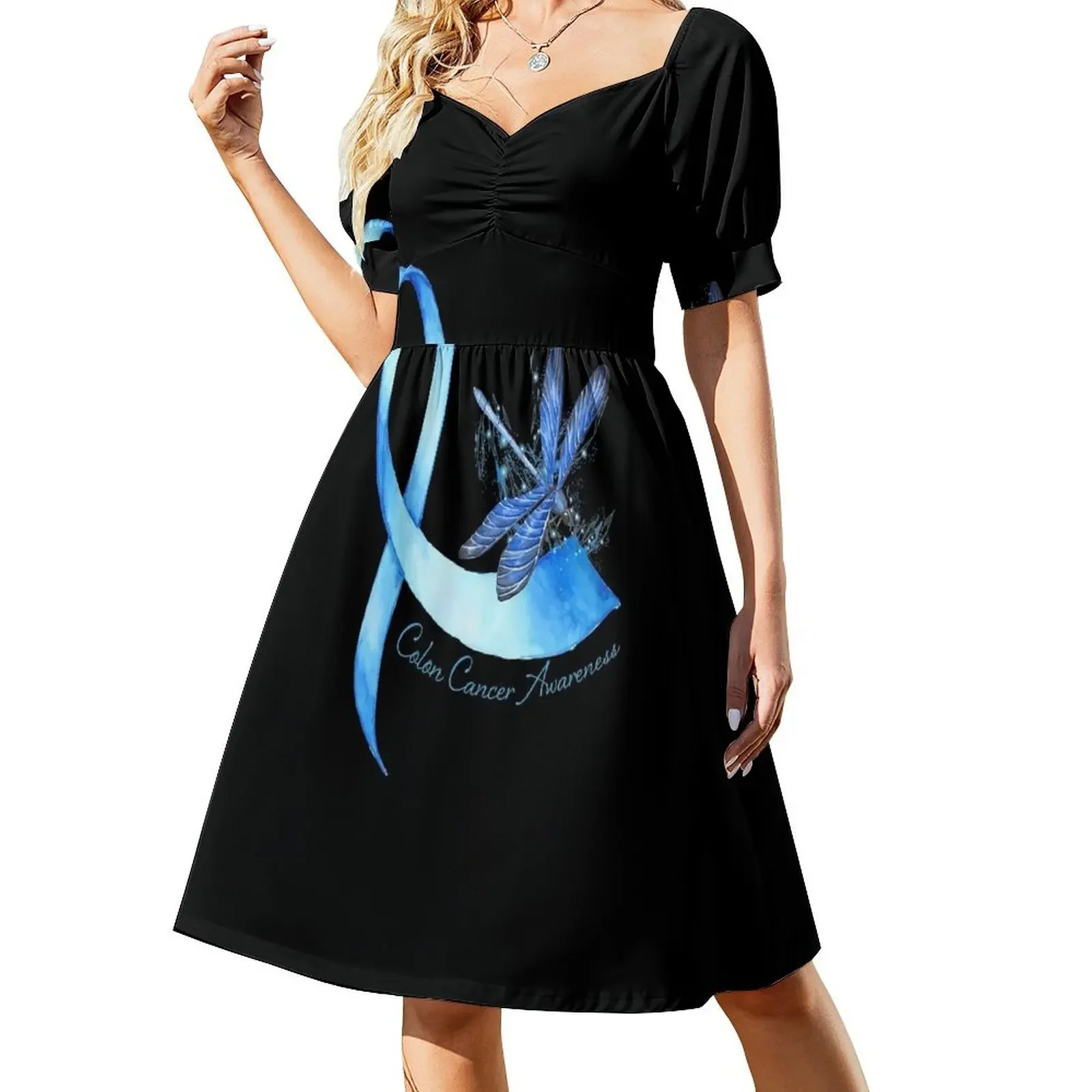 thumbnail image 1 of Vestido sin mangas con lazo azul de libélula hippie para concientizar sobre el cáncer de colon. Vestidos de mujer. Vestidos de fiesta., 1 of 7