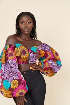 Adaeze Print Lantern Sleeve Crop Top