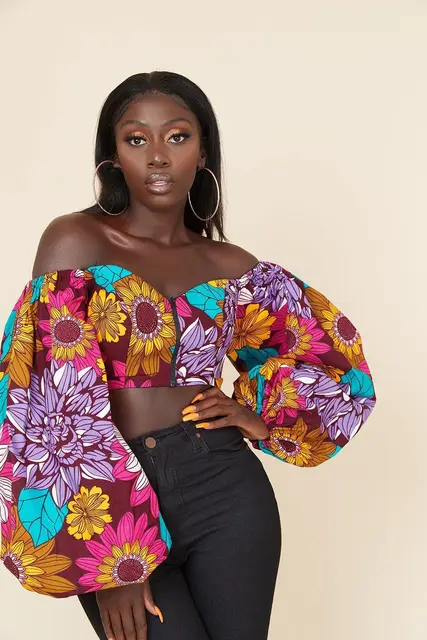 Adaeze Print Lantern Sleeve Crop Top
