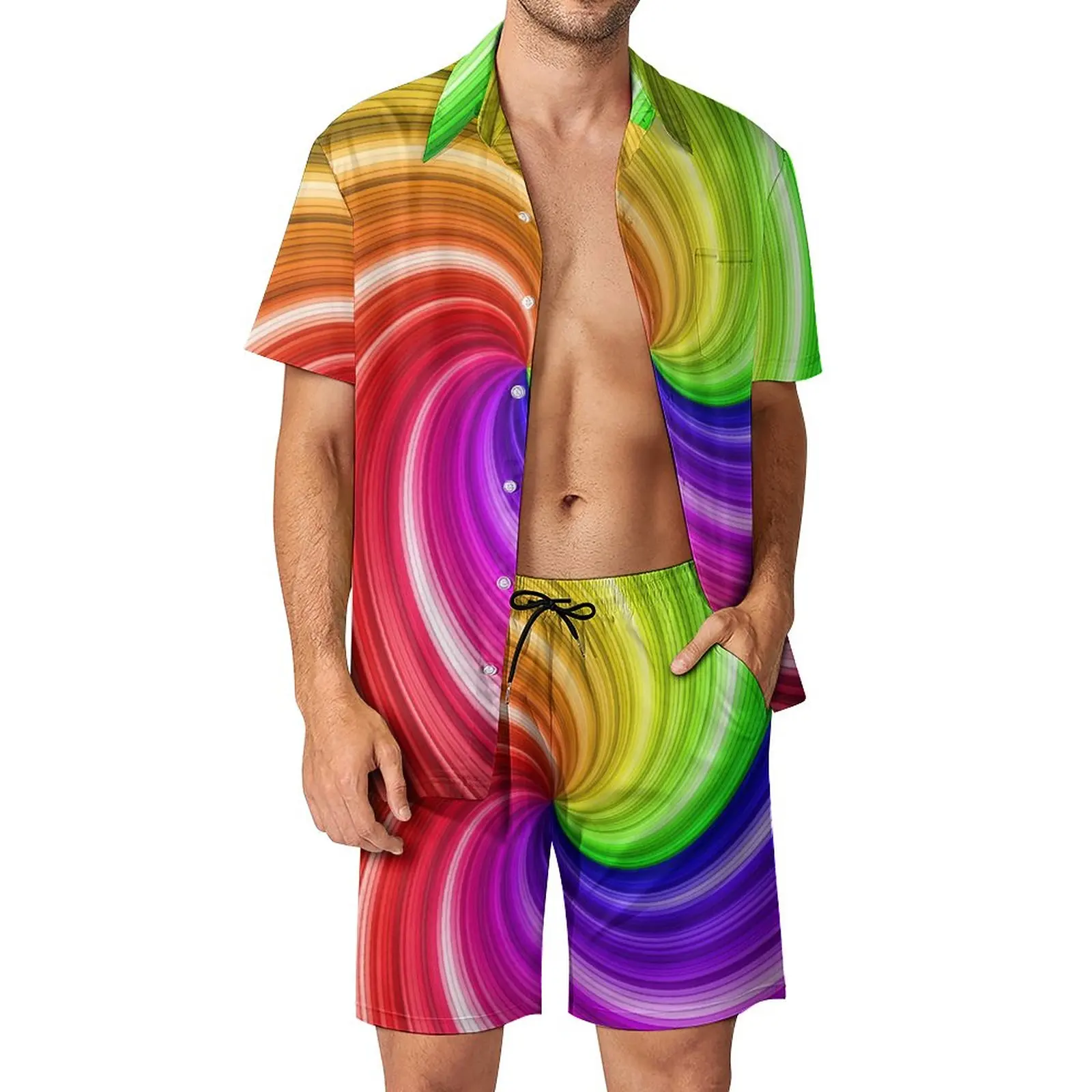

Colorful Tie Dye Men Sets Rainbow Swirl Art Novelty Casual Shirt Set Short Sleeve Graphic Shorts Summer Beachwear Suit 2XL 3XL
