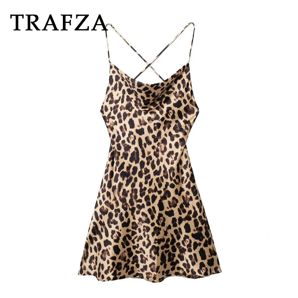 

TRAFZA 2024 Women Summer Sexy Animal Print Dresses Sleeveless Backless Slim Mini Skirt Folds Camisole Women Elegant Dresses