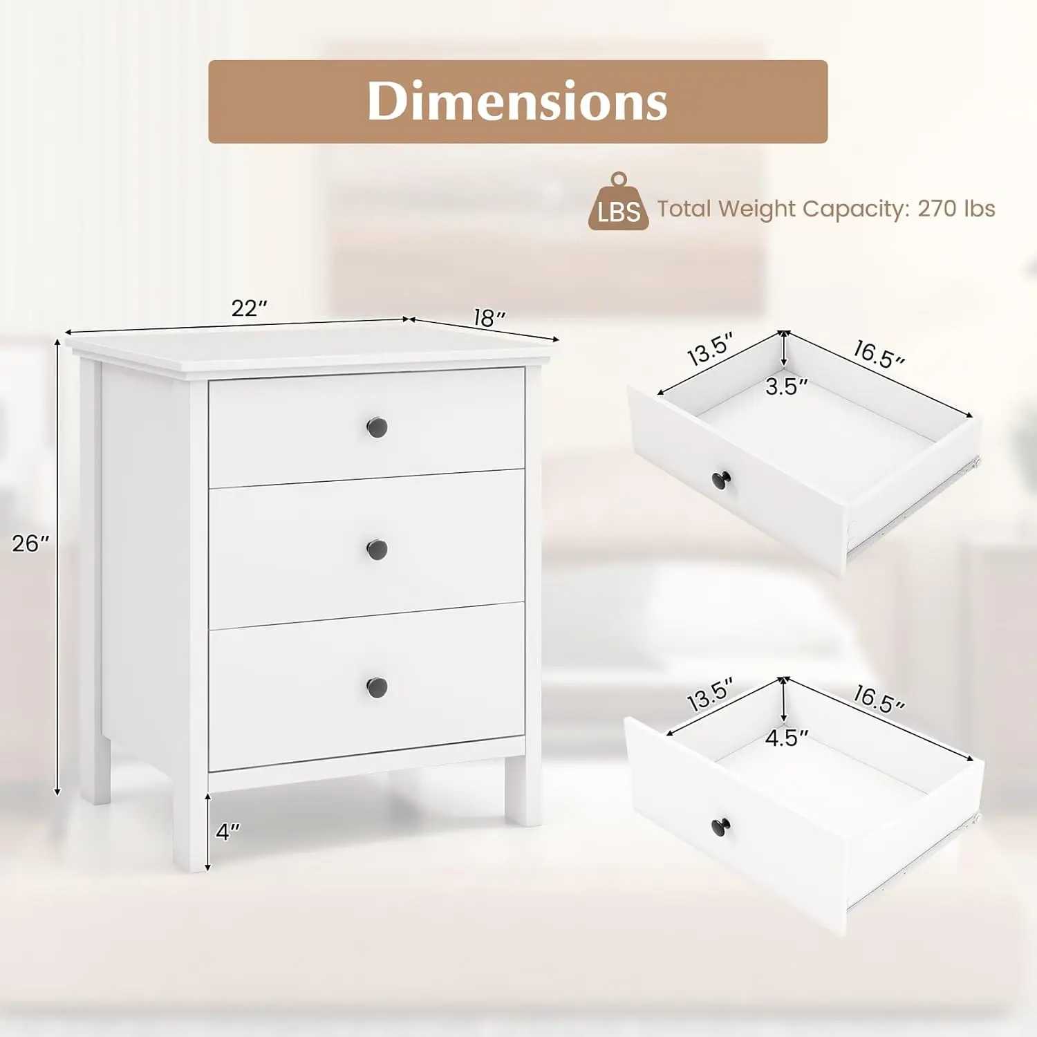 Nightstand with 3 Drawers, Wooden Side End Table with Solid Wood Legs, Retro 3-Drawer Bedside Table Night Stand for