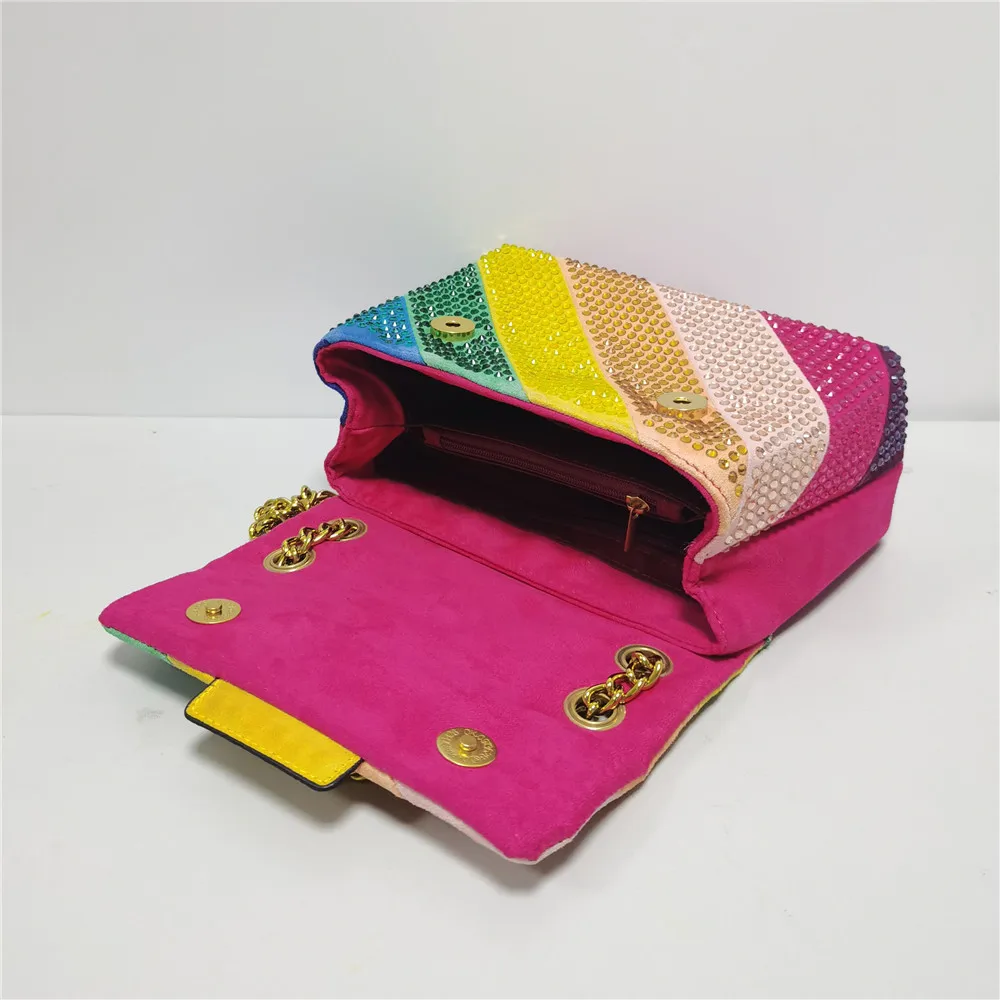 New Rainbow Patchwork Eagle Head Handbag Suede Diamond Women Purse Jointing Colorful Cross Body Bag