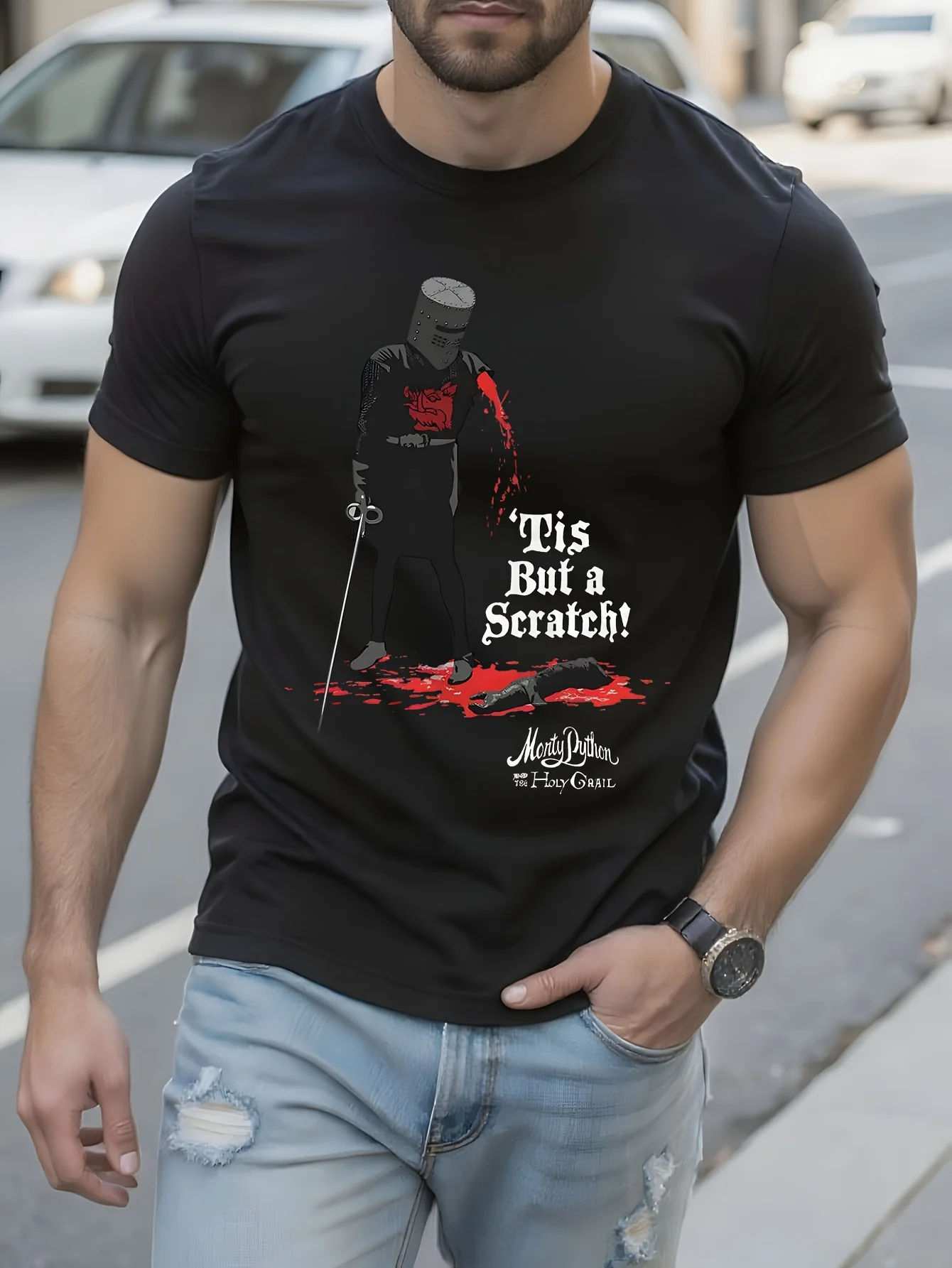 Monty Python "It's But A Scratch" T-Shirt - Black/Red Text, Medieval ...