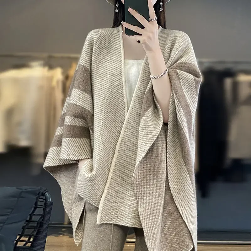 

2023 New Autumn Winter Striped Poncho Women Sweater V-collar Jumper Knitwear Holiday Vintage Cape Batwing Sleeve Ponczo T267