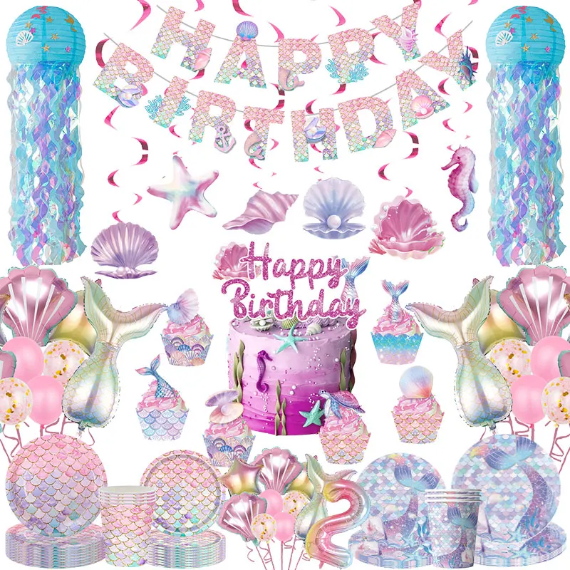 NEUES Meerjungfrau-Geburtstags-Dekorationsset Teller Becher Servietten Hintergrund Ballons Tischdecke Geschenktüte Meerjungfrau-Geburtstagsparty-Zubehör – Detail 1