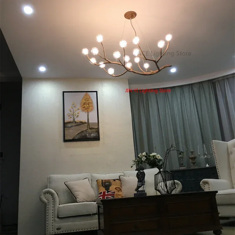 Simulation Resin Iron Tree Branch Glass Bubble Led Retro Pendant Chandelier For Living Room Decor Hanging Lighting
