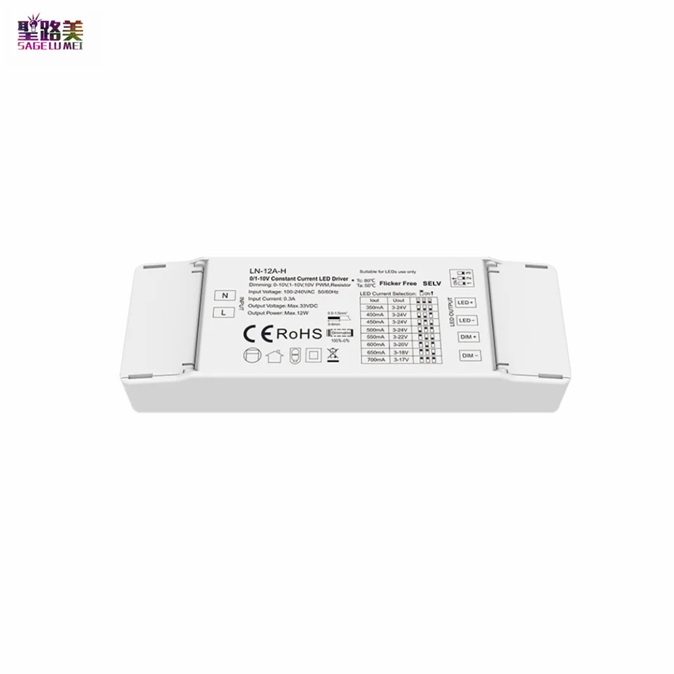 

LN-12A-H 100-240VAC 12W 350-700mA 0-10V 1-10V 10V PWM Resistor Dimmable Driver LN-12A-L 100-450mA 4000Hz Power For LED Lights