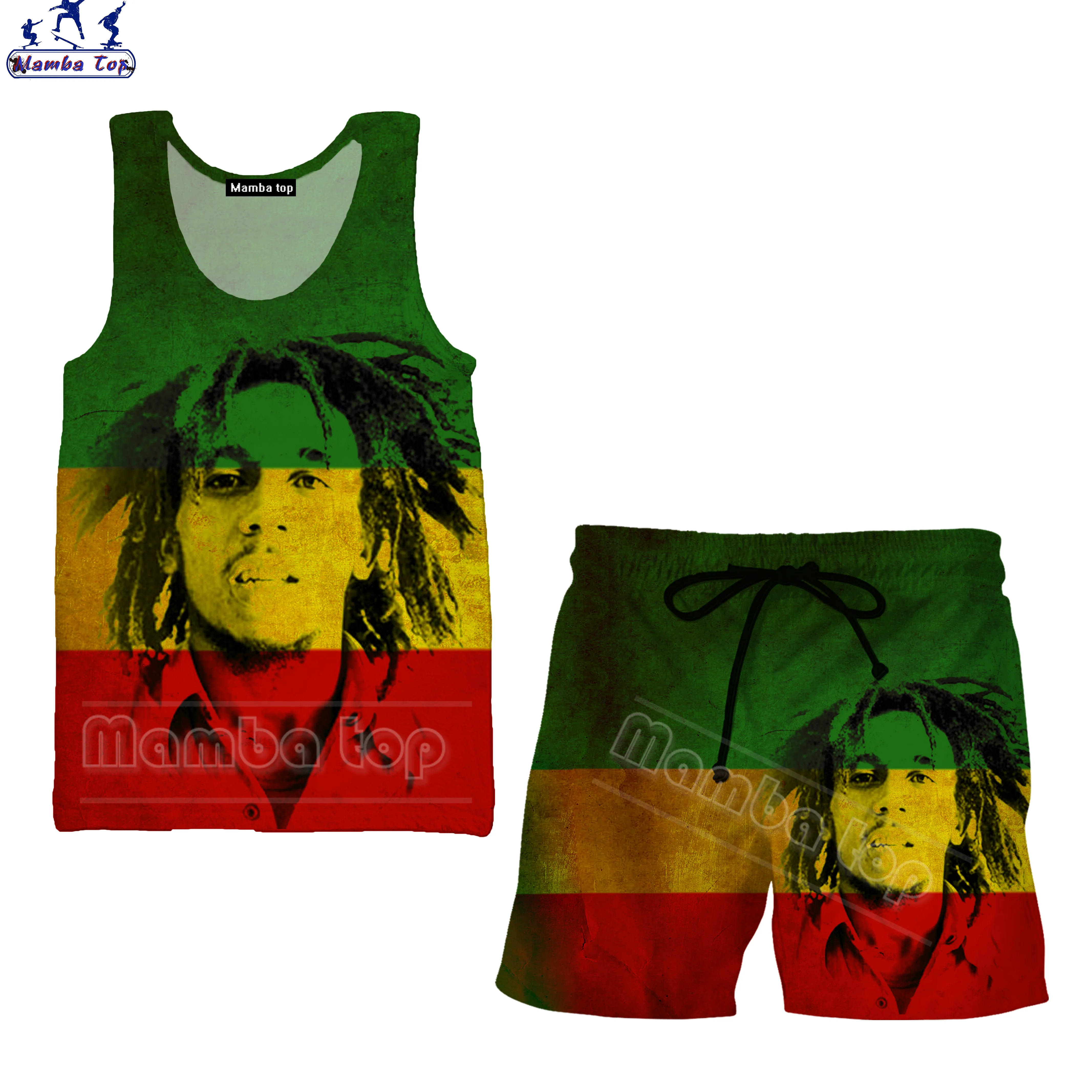

Mamba Top Bob Marley Tank Tops Clothes For Men Shorts Set 3D Print Jamaican Singer Hip Hop Reggae Music Clothing Shirt Two Piece