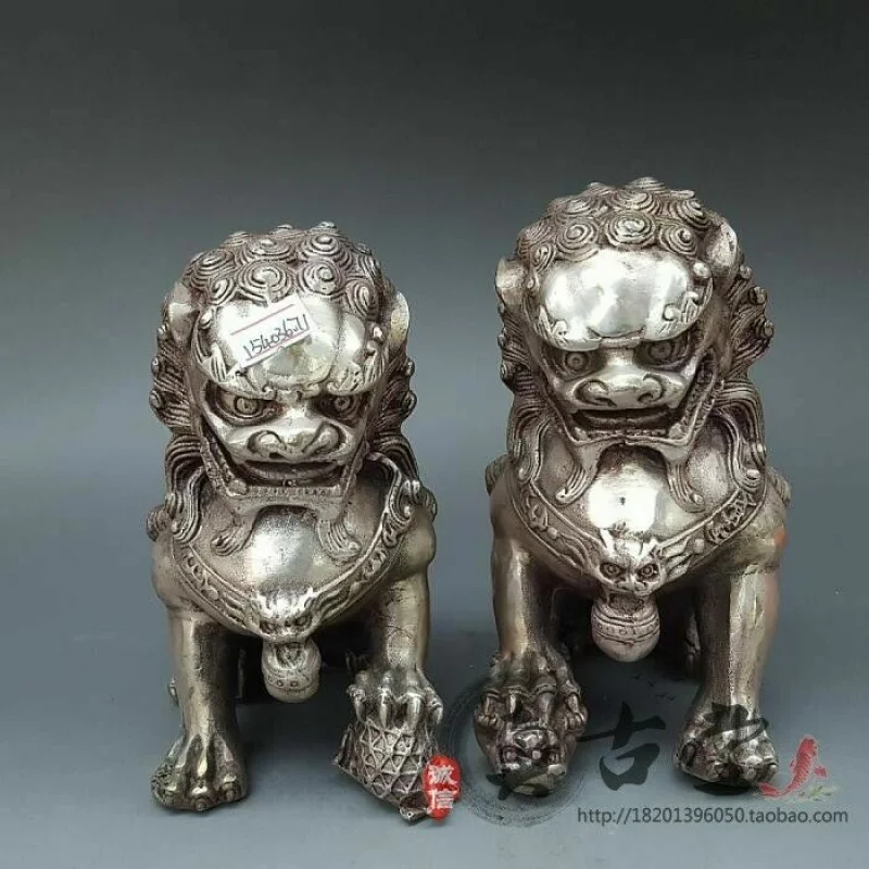 

13cm Chinese Silver Bronze Fu Foo Dog Guardian lion Statue Pair