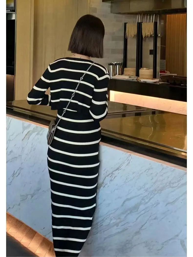 한국 스타일 스트라이프 니트 드레스 정장, 긴팔 가디건 + 스트랩 드레스, 투피스 임산부 의류 세트, 가을 출산
