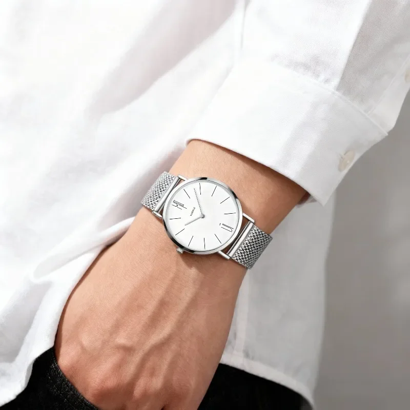 Men's Minimalist Ultra-Thin Quartz Watch with Metal Mesh Band