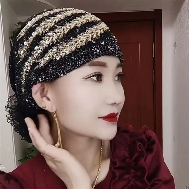 Fashion Women Headband Hat Pleated Turban Hat Beanie Hat For Ladies Retro Style Big Flowers Hat Baotou Cap Party Accessories 4