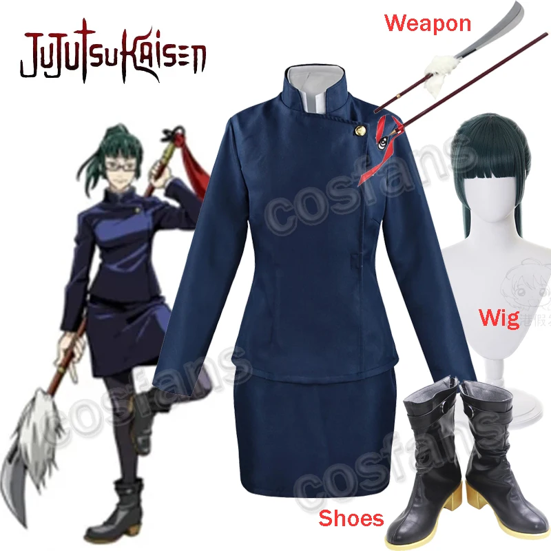 

Костюм для косплея джутсу касин Зенин Маки Хэллоуин вечерние Униформа женское платье Маки Зенин парик темно-зеленый конский хвост короткие парики обувь