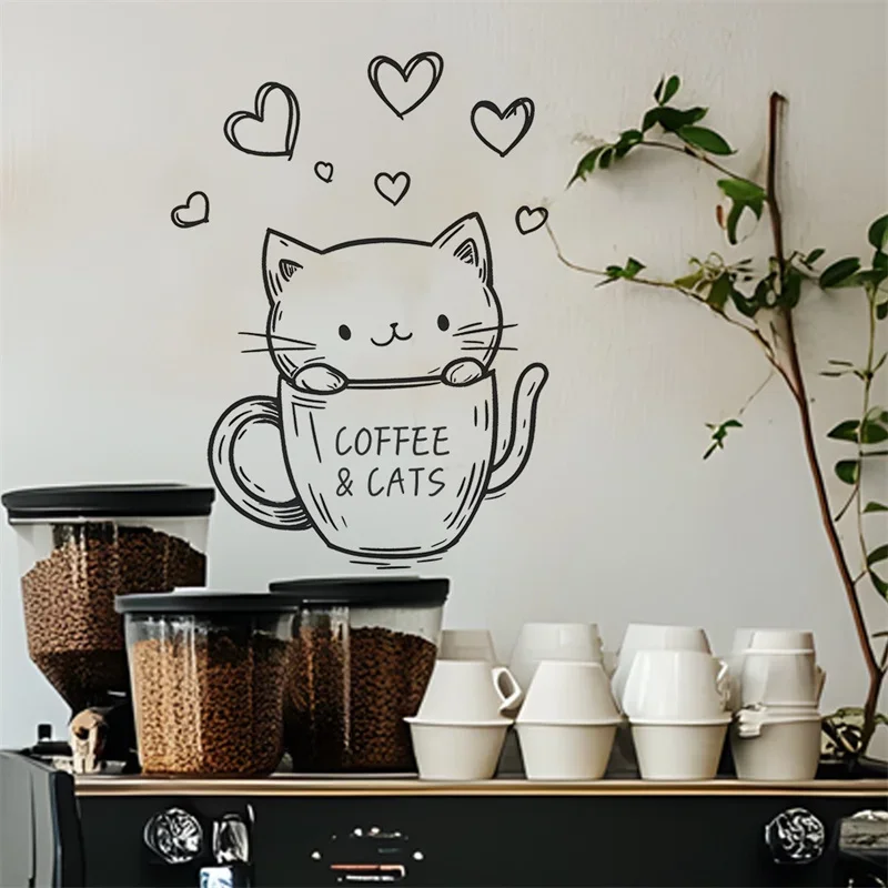 Spanish English Coffee Cat Wall Stickers PVC Self-adhesive Decals Kitchen Beautify Wallpaper Cafe Decor