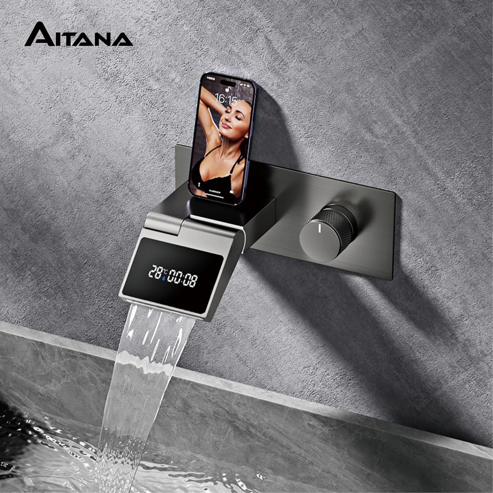 ก๊อกน้ําห้องน้ําติดผนังทองเหลืองสีเทาปืนหรูหราพร้อมจอแสดงผลดิจิตอล LED ด้ามเดียวก๊อกน้ําห้องน้ําฝังน้ําร้อนและน้ําเย็น 1