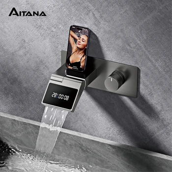 Rubinetto da bagno a parete in ottone grigio pistola di lusso con display digitale a LED Rubinetto da bagno incorporato con acqua calda e fredda monocomando 1