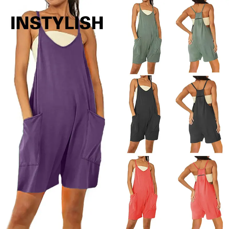 

Women Strap Jumpsuits Vintage Solid Loose Short Pants with Big Pockets Elegant Bib Overalls Casual Oversized Rompers Outfits