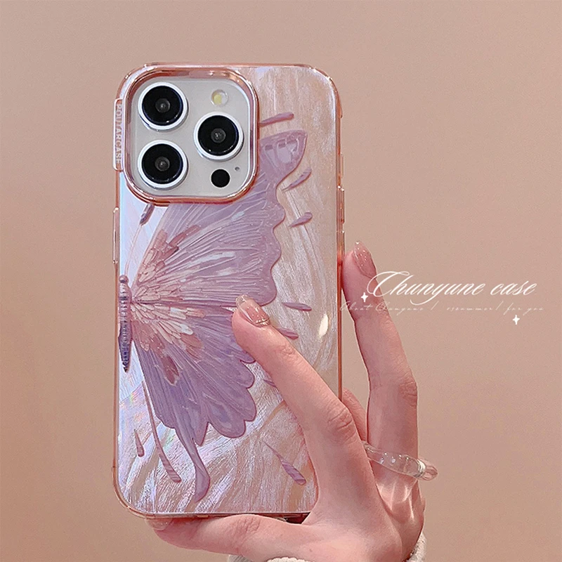 Luxury Pink Butterfly Laser Glitter Phone Case For iPhone 11 12 13 14 15 16 Pro Max Plus Pro Max Fashion Shockproof Bumper Cover_voghion.com
