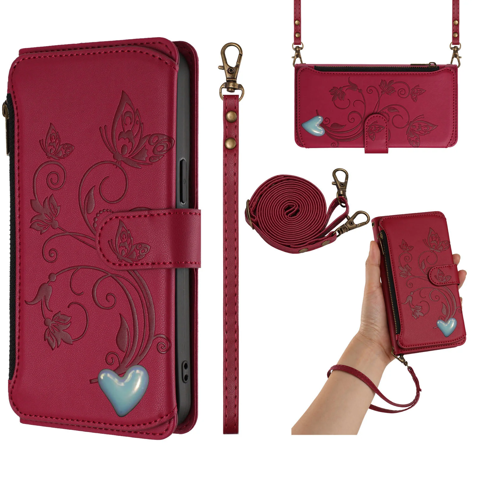 Elegant Crossbody Lanyard Flip Case Leather Wallet Cover with 5 Card Slots