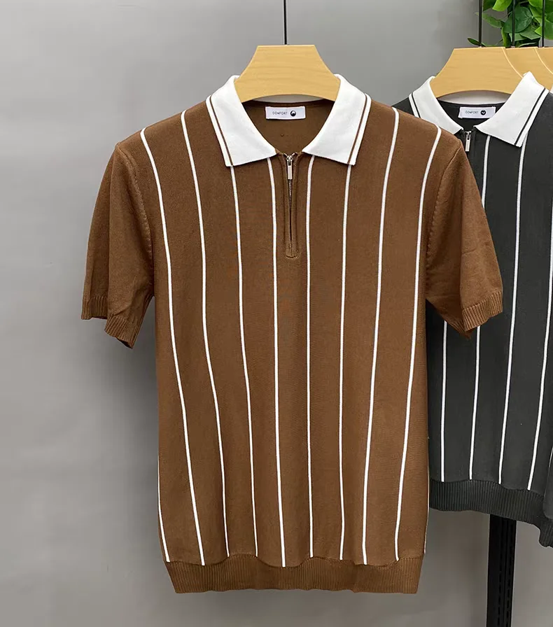 High quality summer knitted short sleeve polo shirt fashion half zipper lapel T-shirt vertical stripes comfort casual men's wear 18 S850f16661ab84d87a1f0714ff61e5c76Q