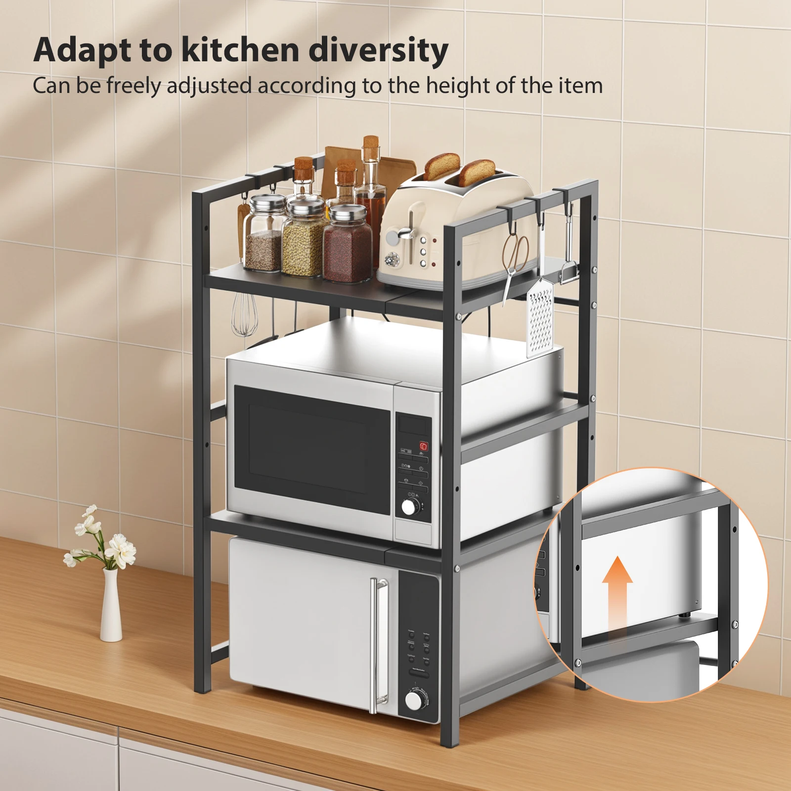 Expandable Microwave Shelf, 1 or 2 Tier Microwave oven Rack Stand Storage Holder Kitchen Corner Shelf Desktop Printer Shelf Rack: 3 - 5 Days Free Delivery Only UK