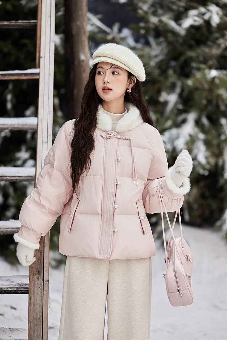 MISHOW Fur Collar Thick Women's Winter Down Jacket Spliced Pearl Single Breasted Pocket Duck Down Coats Office Lady MXD59Y0060