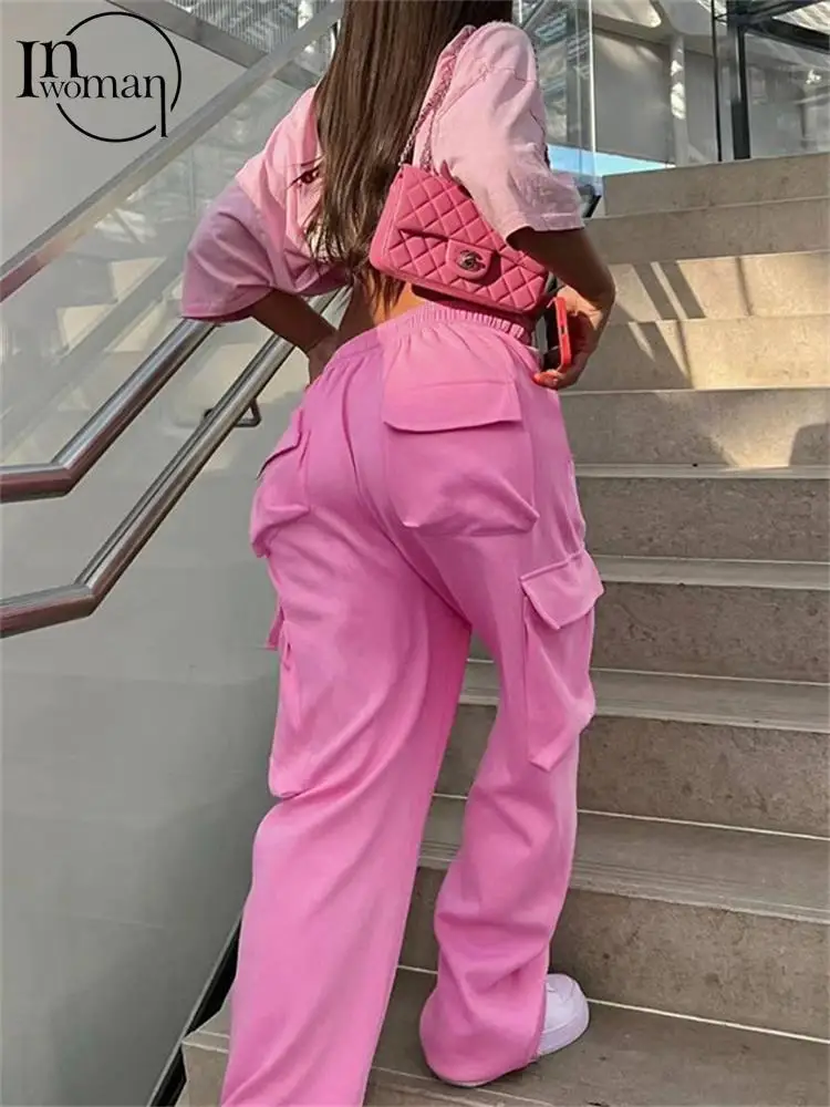 

Inwoman Pink Drawstring Cargo Pants Casual Outifts For Women 2023 Autumn Pocket Fashion Hip Hop Pants High Waist Loose Pant