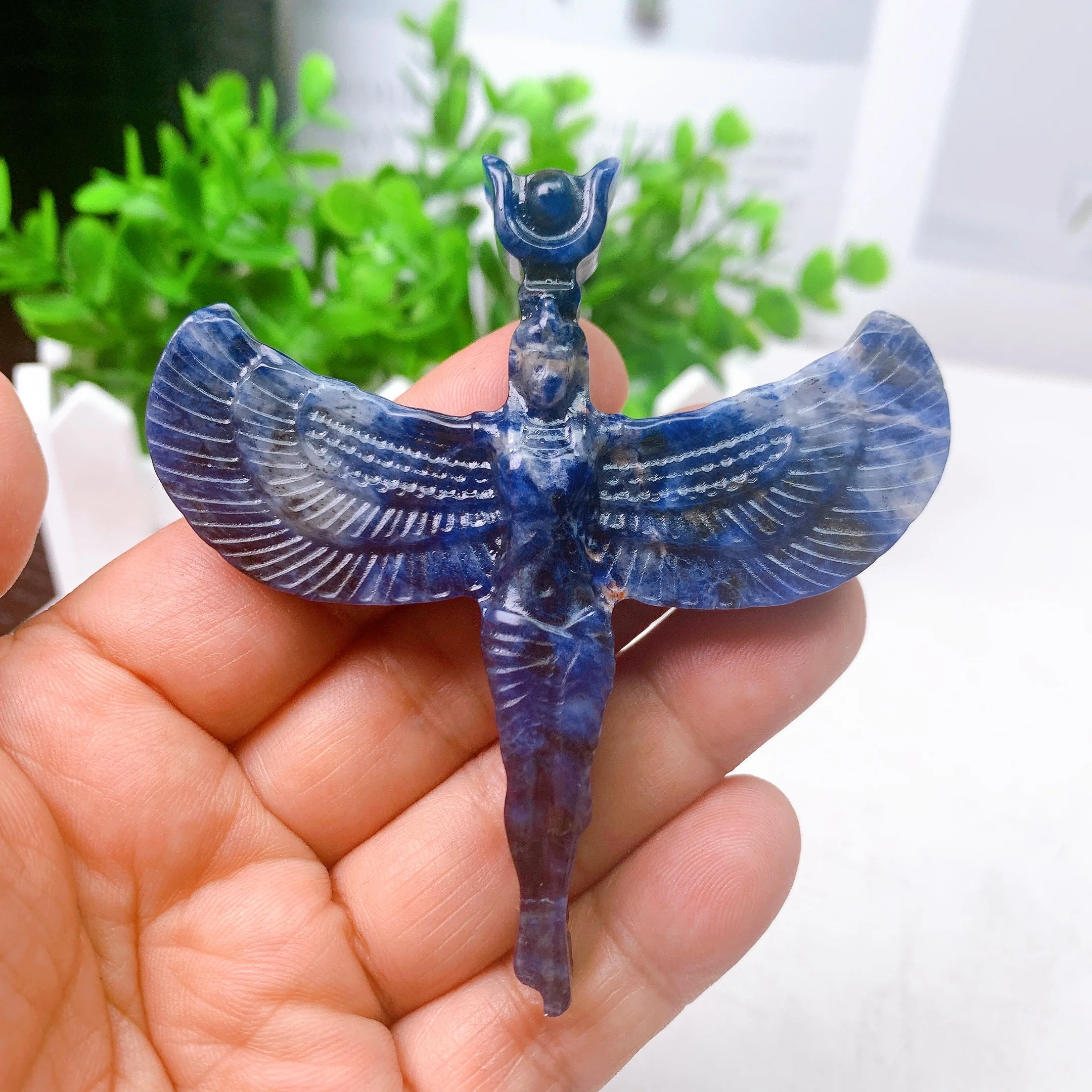 Natural Azul Sodalita Anjo Deusa Cruz Estatueta, Pequena Cura Cristal Gemstone, Escultura Esculpida, Presente Coleção, 8cm, 1Pc