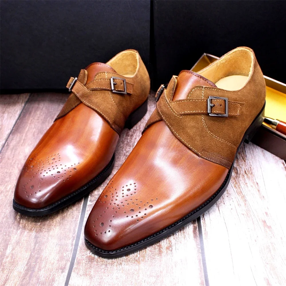 Classic Italy Style Men's Dress Shoes Size 6-13 Genuine Leather Suede Monk Strap Buckle Business Wedding Formal Shoes