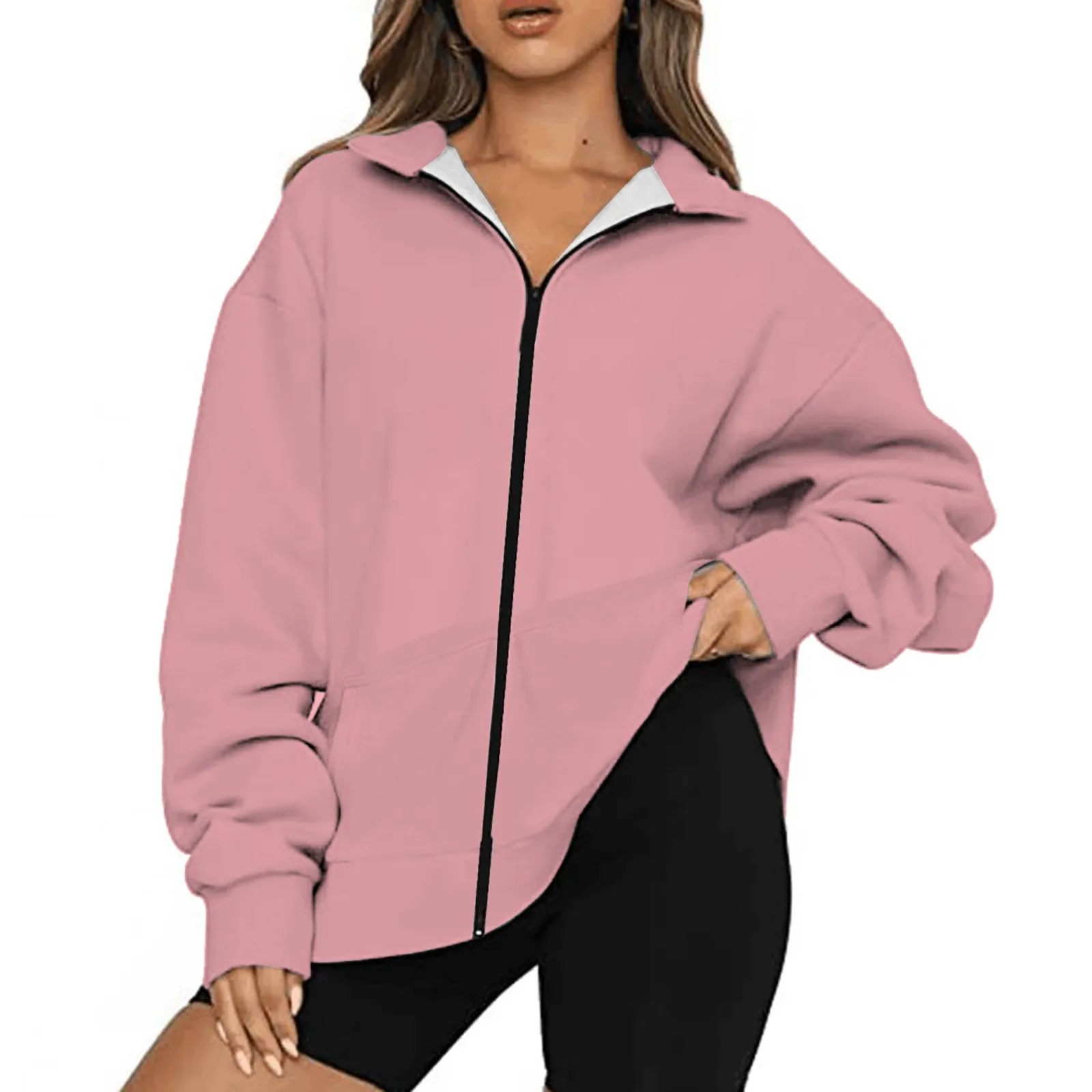 

Women's Solid Autumn/Winter Fashion Casual Zipper Double Pocket Hatless Sweater