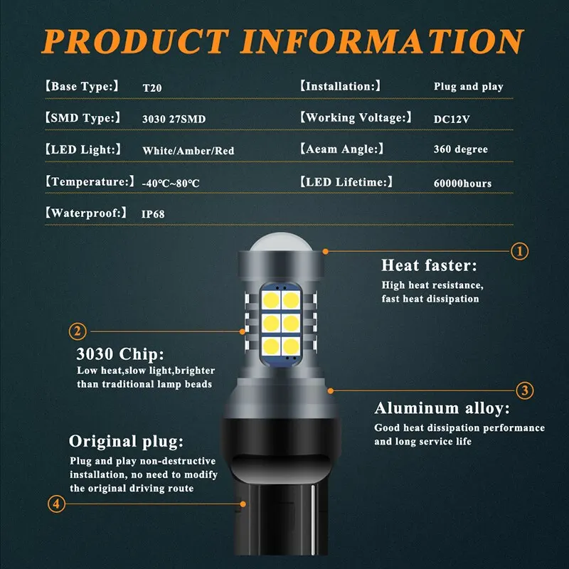 Pair of Super Bright T20 LED Signal and Reversing Light Bulbs