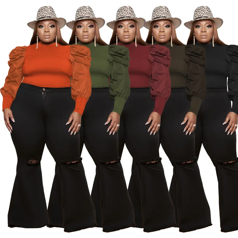 Plus Size Women Tops 2022 Autumn Puff Sleeve Shirt For Lady Fashion Solid Blouse Sexy Casual Crop Top Fall Clothes Wholesale