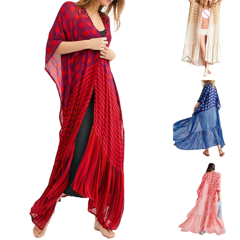 

Womens Fashion Summer Plaid Kimono Casual Cardigans Loose Swimsuit Cover ups