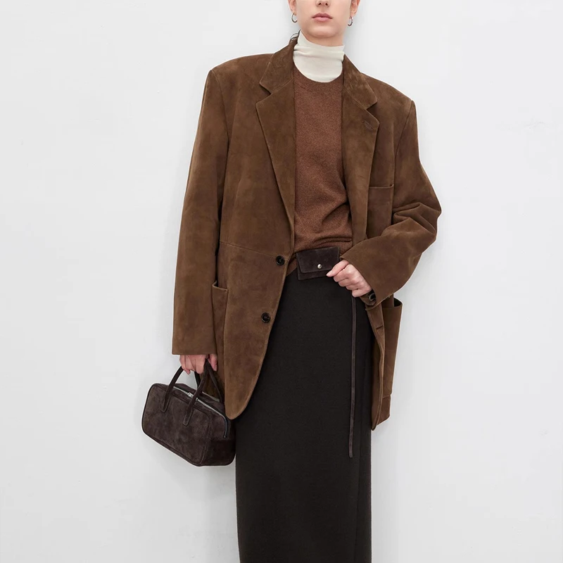 

Женский винтажный блейзер из коровьей кожи, коричневый однобортный замшевый пиджак оверсайз из натуральной кожи, весна 2024