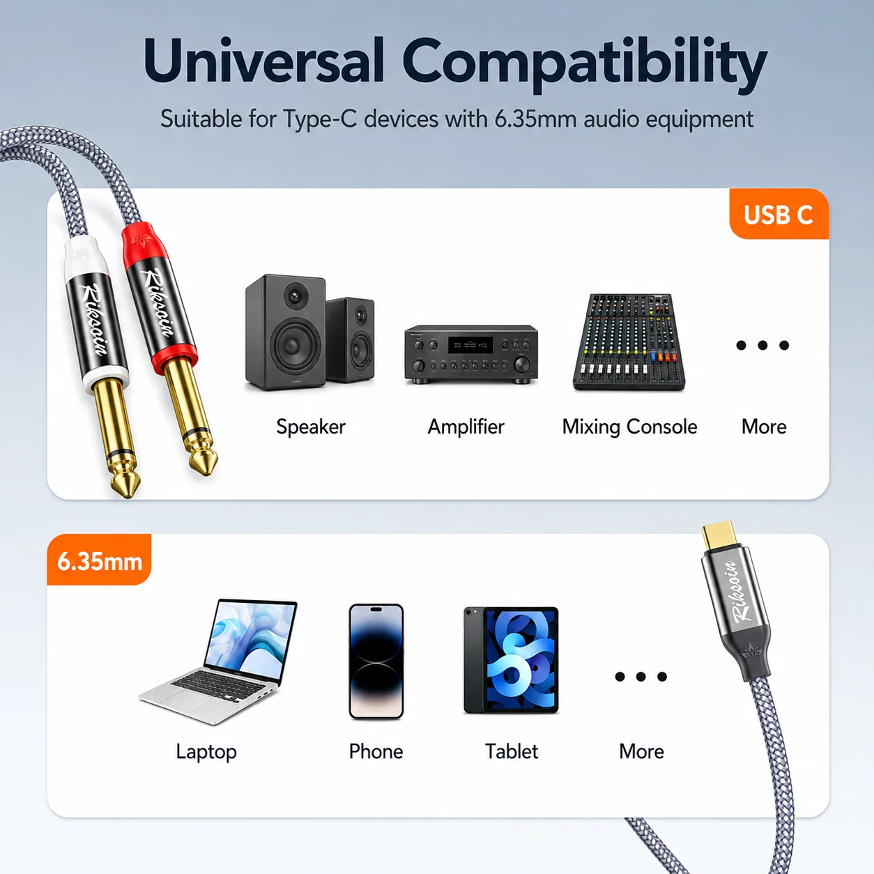 Riksoin USB-C to Dual 6.35mm Hi-Fi Audio Splitter Cable