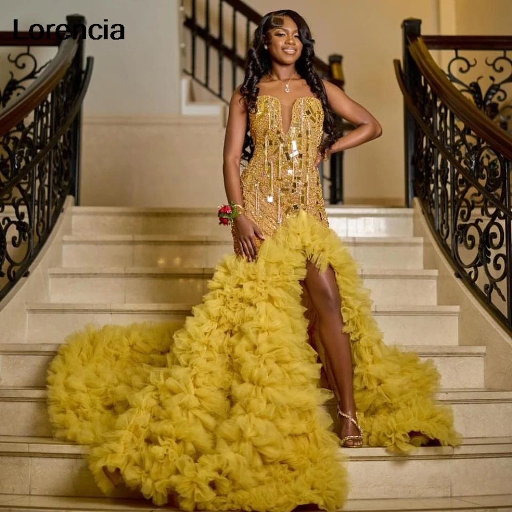 

Lorencia Gold Rhinestones Prom Dress African Slay Queen Dress For Blackgirl High Slit Crystal Ruffles Party Gala Gown YPD108