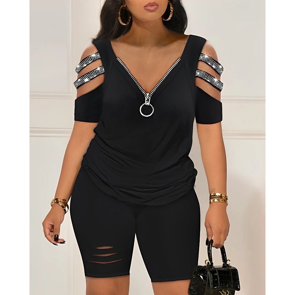

Women Solid Zip Front Cold Shoulder V Neck Tee Tops & Cutout Shorts Set Female Casual Rhinestone 2 Pieces Set Summer Clothing