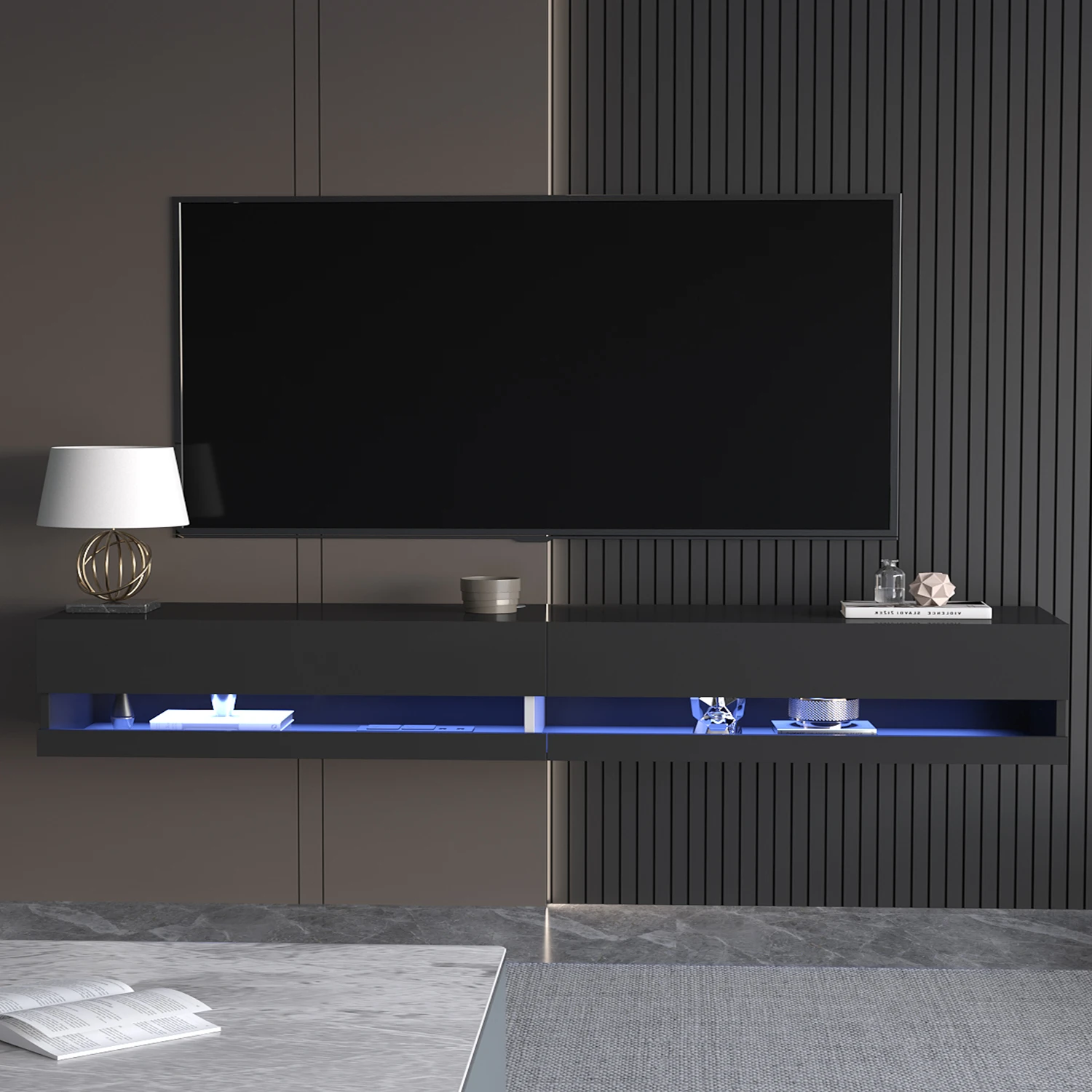 71" Floating TV Stand for 75/80" TV, Wall Mounted LED TV Stand w/Power Outlets, Modern High Gloss Media Console, White/Black 2