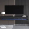 71" Floating TV Stand for 75/80" TV, Wall Mounted LED TV Stand w/Power Outlets, Modern High Gloss Media Console, White/Black 2