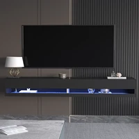 71" Floating TV Stand for 75/80" TV, Wall Mounted LED TV Stand w/Power Outlets, Modern High Gloss Media Console, White/Black 2