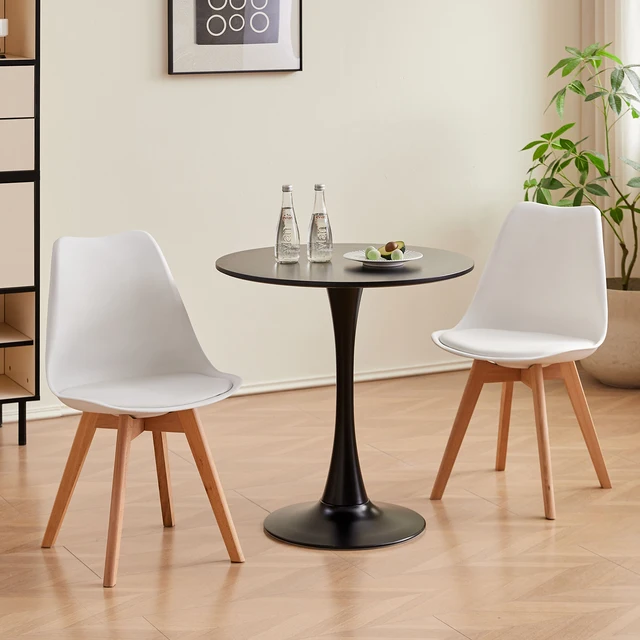 Tavolo da pranzo rotondo Elegante tavolo da pranzo con piano a tulipano nordico bianco Tavolo rotondo versatile Cucina Caffè Balcone BIaro/Nero 70 cm 4