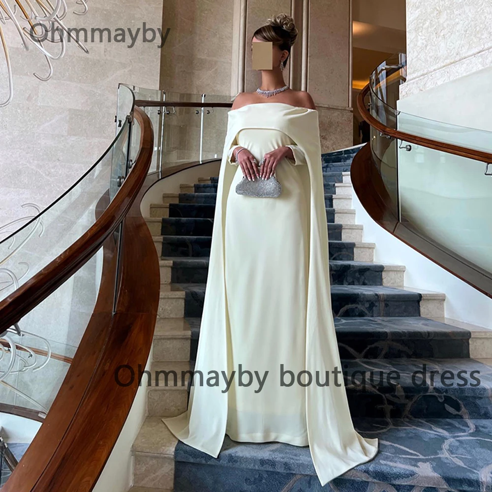 

Light Yellow Mermaid Evening Dresses Off Shoulder Arabian Dubai Formal Dress with Cape Spandex Satin Long Prom Party Gowns 2024