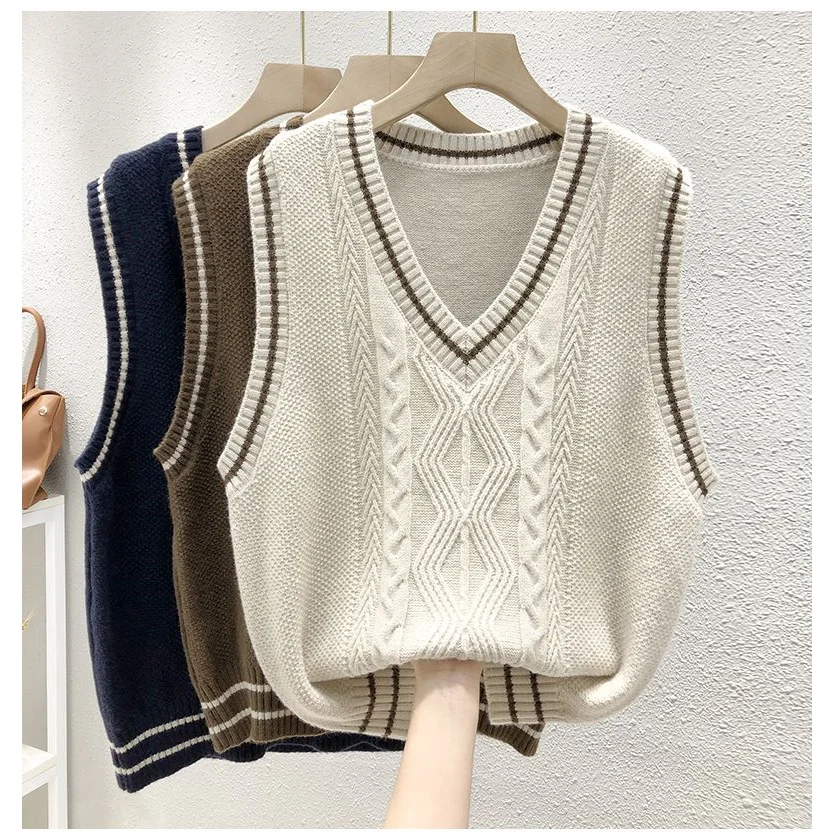 

Knitted Vest Women V Neck Pullover Sweater Loose Casual Sweaters Vest Striped Sweater Vest Autumn Winter Fashion 2023 H43